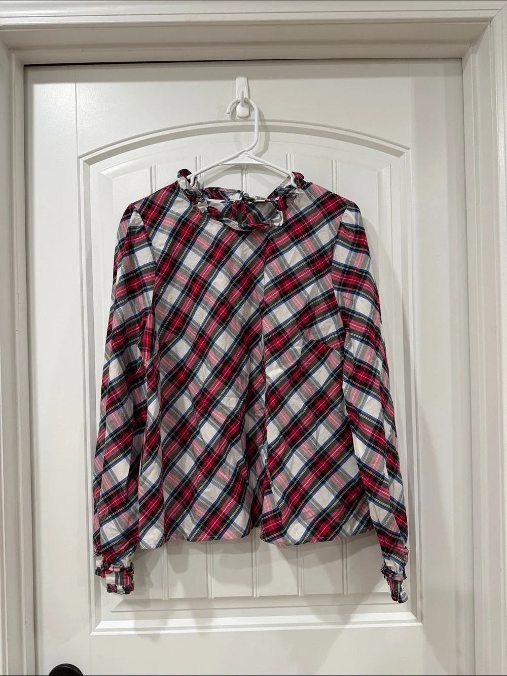 EUC J. Crew Red, Cream & Blue Tartan Plaid Ruffle-Neck Blouse